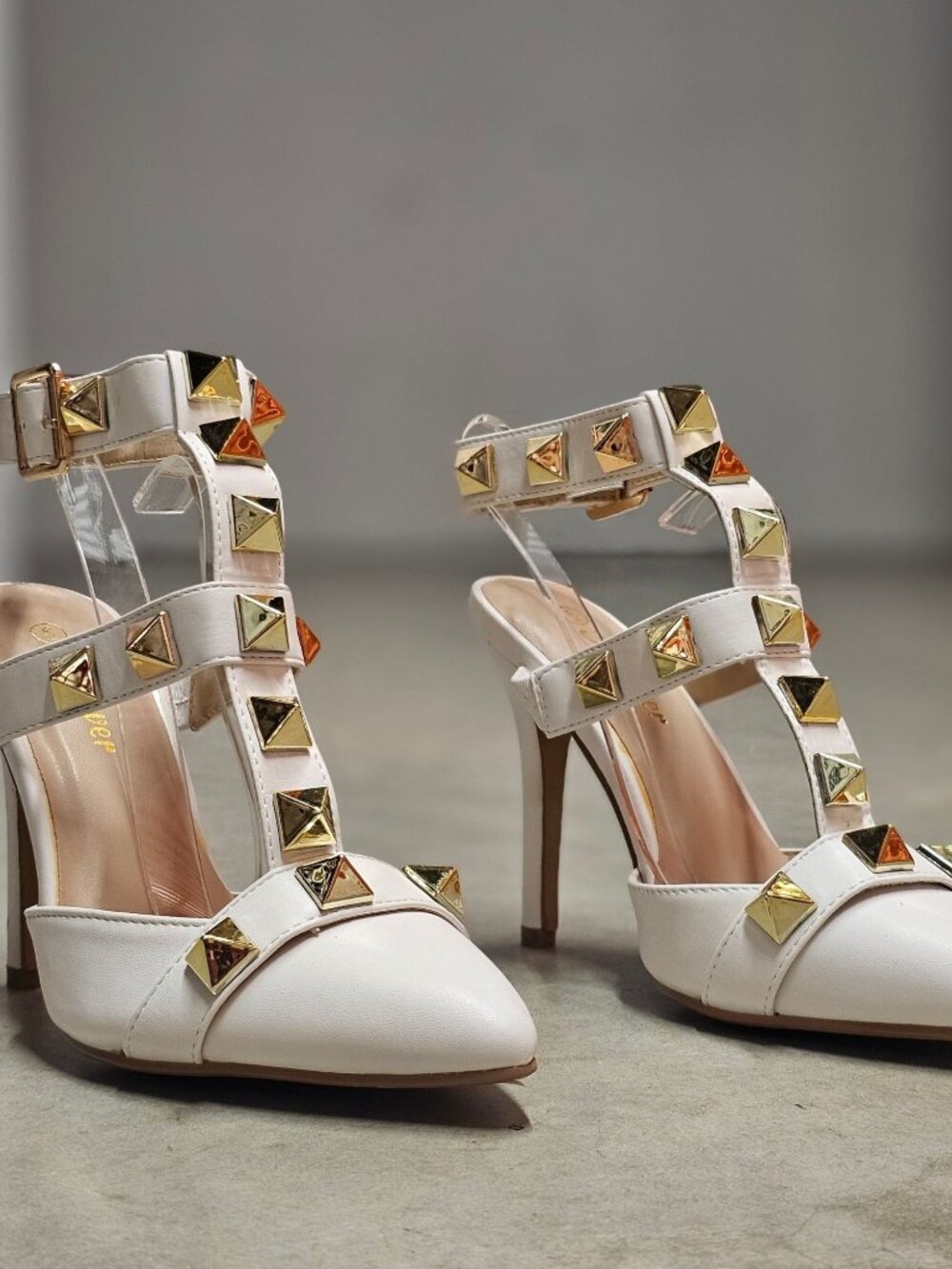 White Studded Pointed-Toe High Heels With Adjustable Buckle Strap & T-Strap Desi - Picture 8 of 15